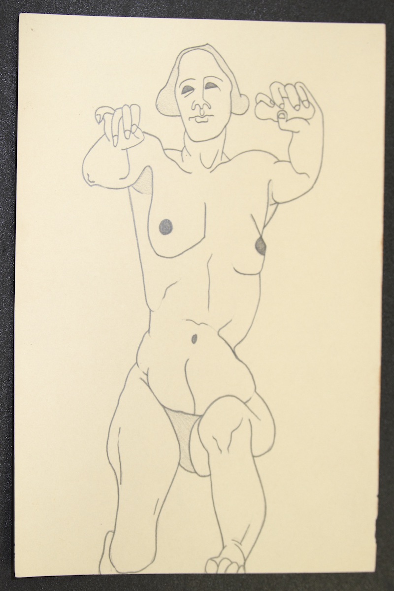 Pencil.  Female Nude from Front, on One Knee, Hands Extended Forward.  Jean Charlot.