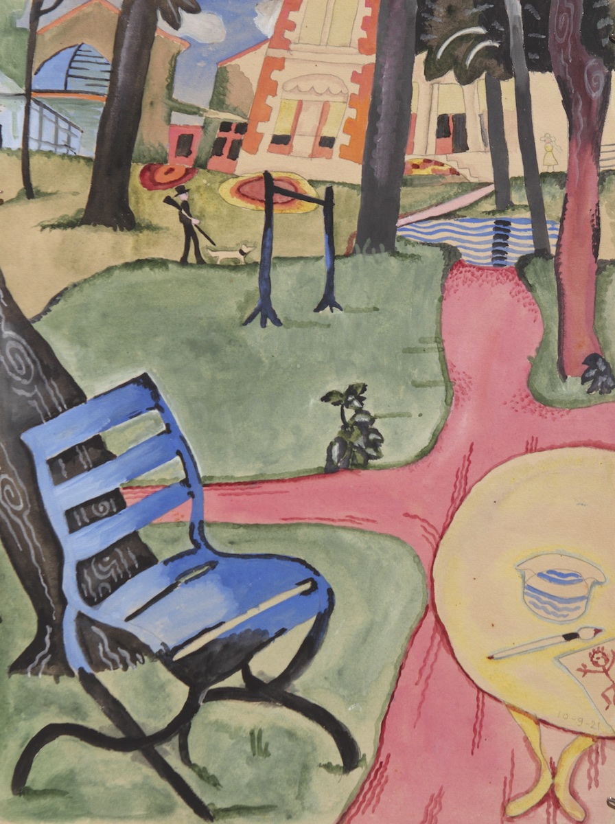 Pencil and wash on paper.  Garden Park with Blue Chair.  Jean Charlot.