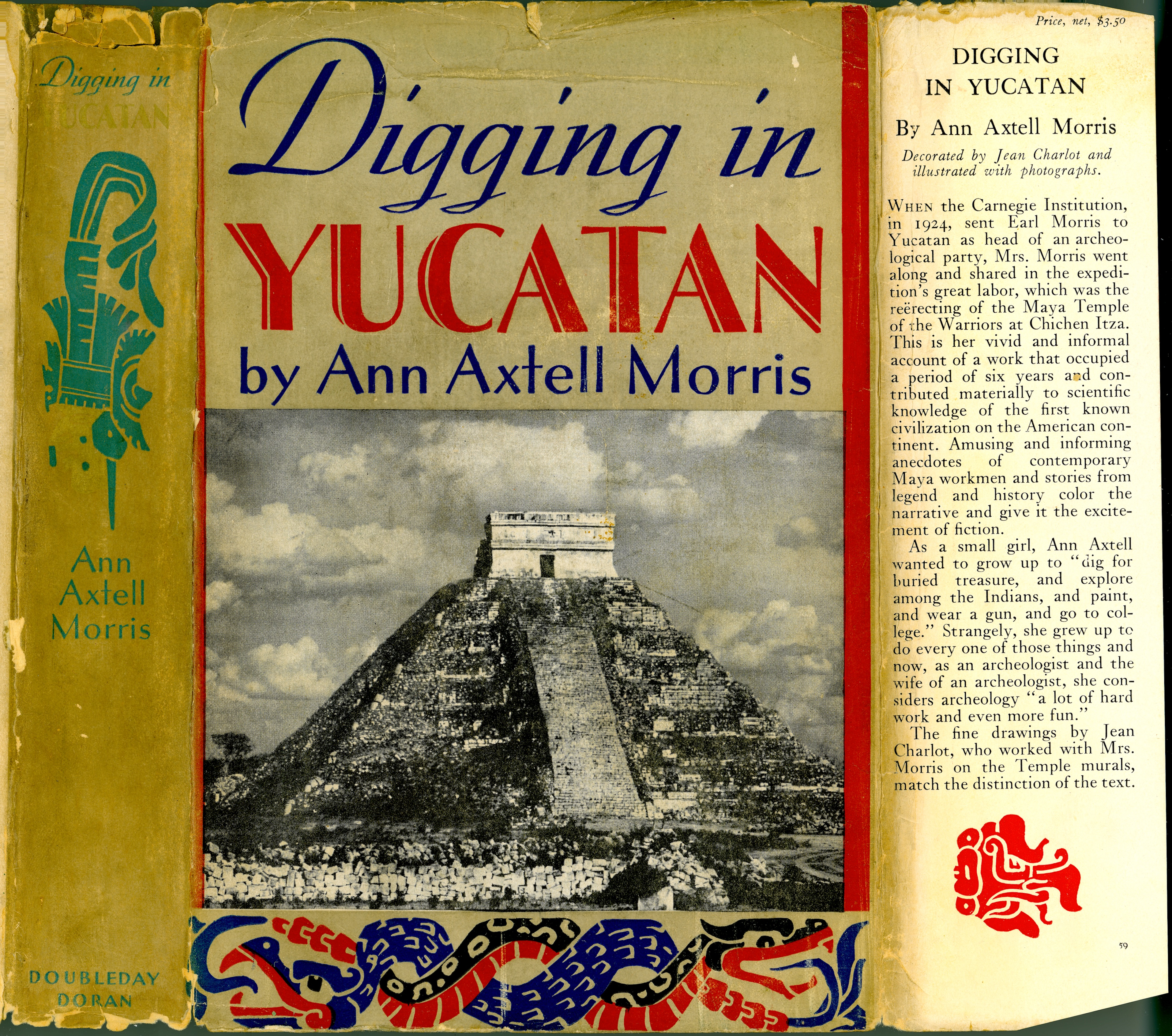 Book jacket for 'Digging in Yucatan' written by Ann Axtell Morris.  Decorations by Jean Charlot.