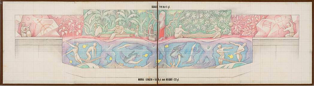 Paper drawing and color pencil.  The Relation of Man and Nature in Old Hawaiʻi.  Jean Charlot.  1974.