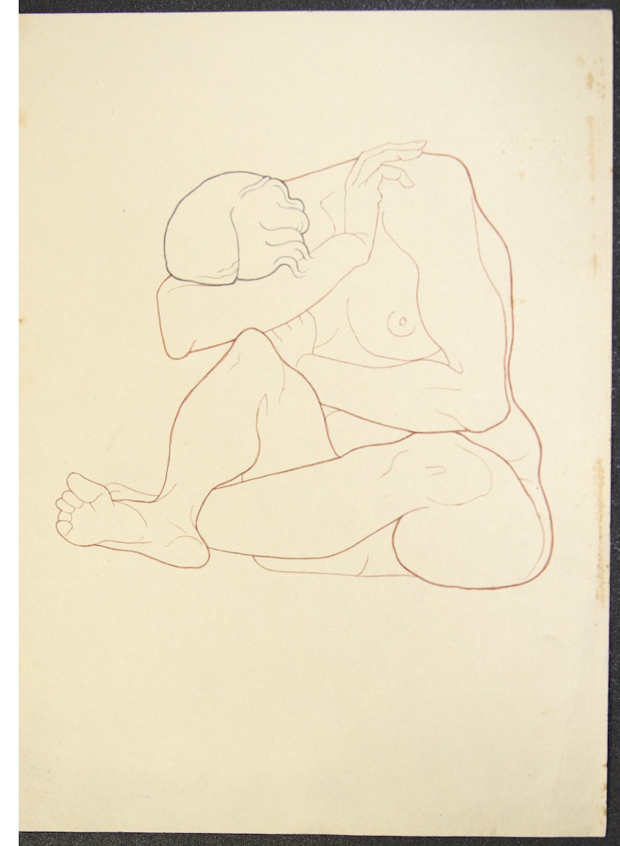 Paper and pencil.  Female nude, sitting, face in crook of arm.  Jean Charlot.